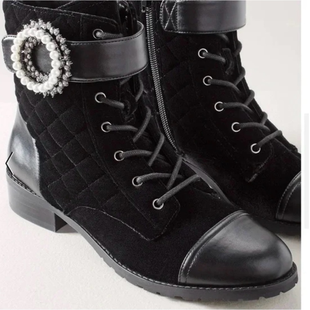 WHBM Black Quilted Velvet Combat Boot Fierce Feminine Winter Pearl Rhinestones